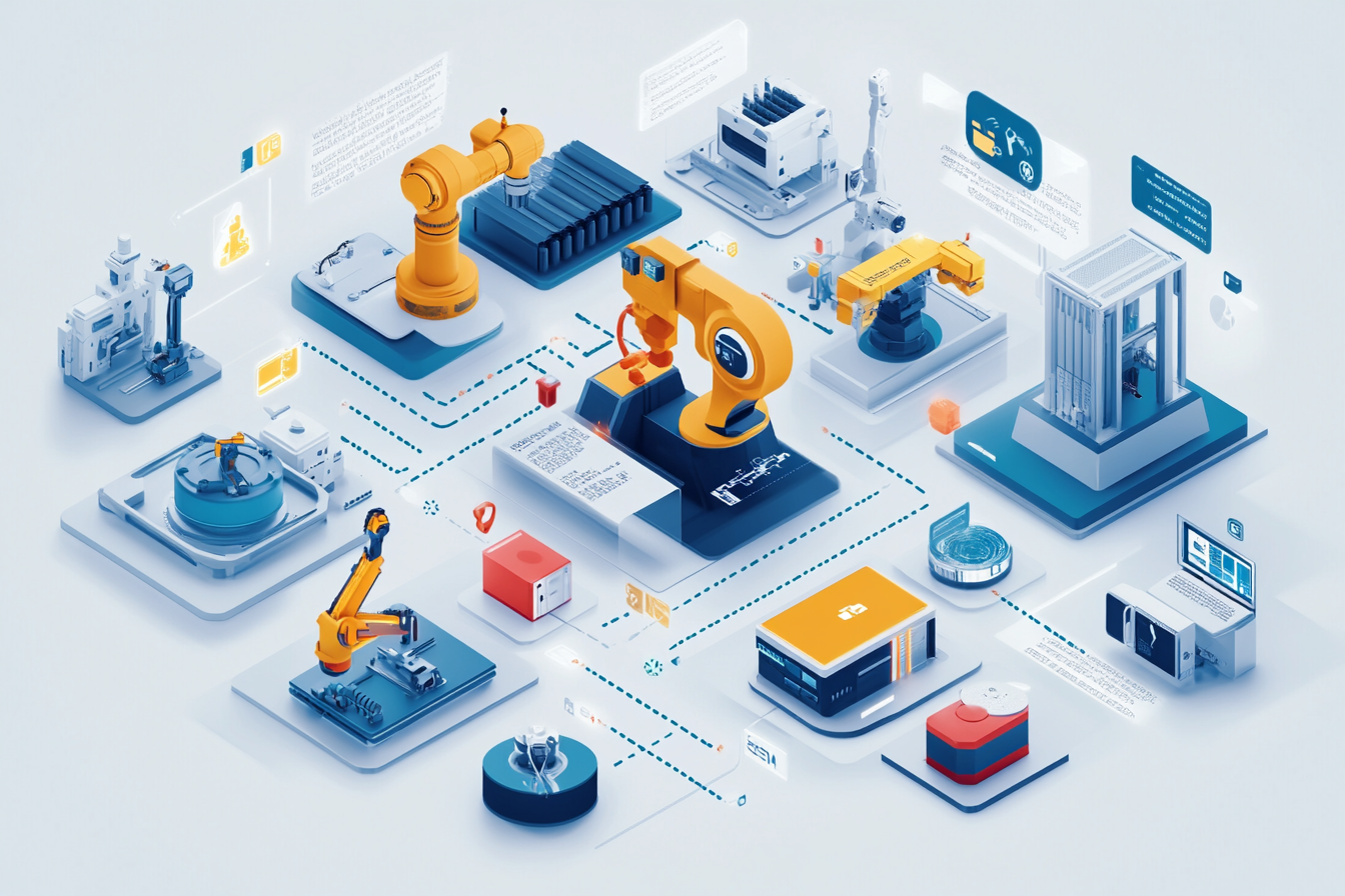 An infographic showcases various applications of automation across sectors. It highlights industrial automation with robots, business process automation improving efficiency, and consumer applications like smart home devices and self-checkout systems. Key benefits of each application are visually represented alongside vibrant icons symbolizing productivity and efficiency.