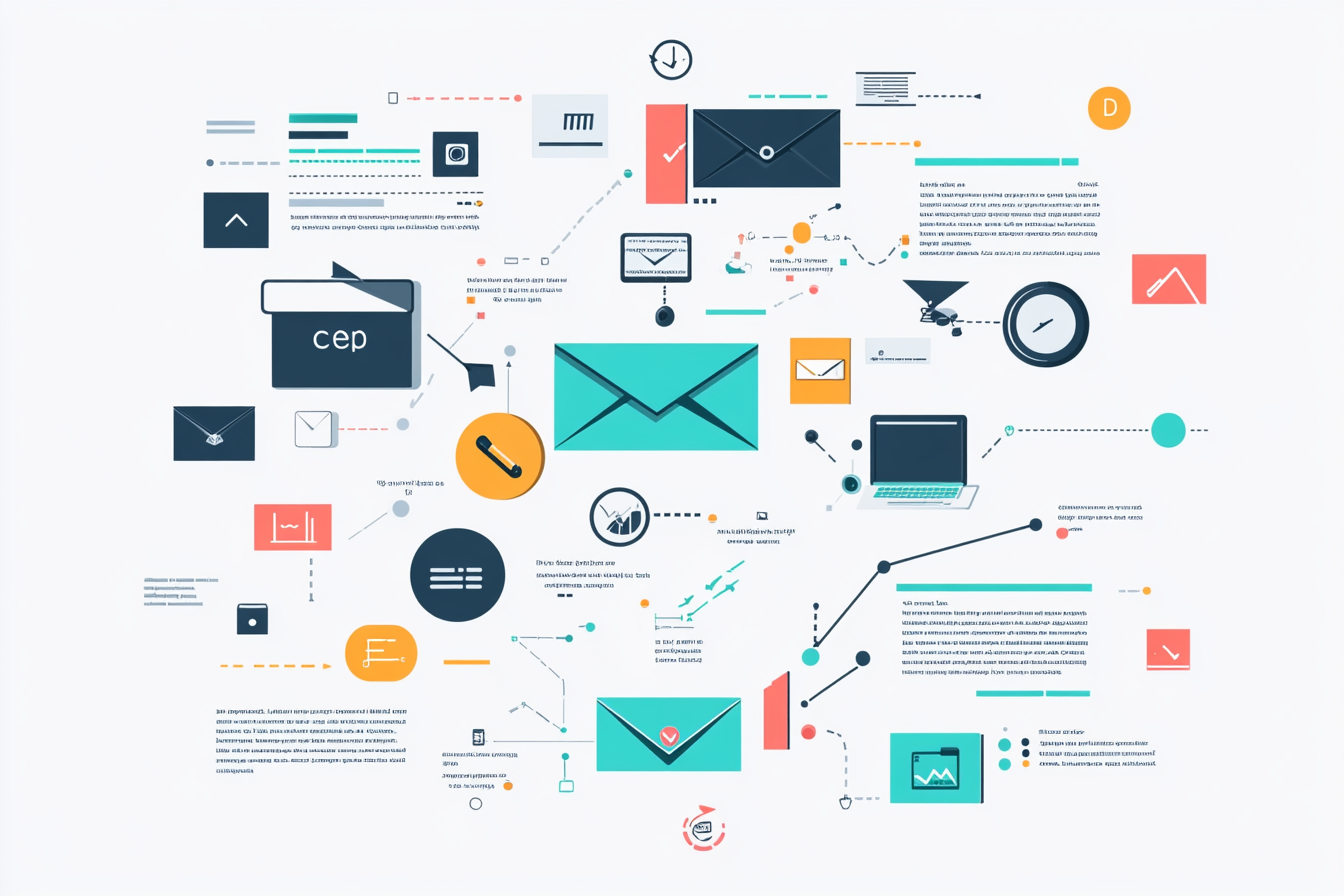 An infographic showcases email automation strategies, featuring a flowchart with key sections like 'Choosing the Right Tools' and 'List Segmentation.' Icons for ESPs, API integrations, and segmented lists are illustrated. Bullet points highlight best practices and compliance, with visuals emphasizing ethical marketing and audience engagement. Colorful charts display conversion rates and effectiveness metrics.
