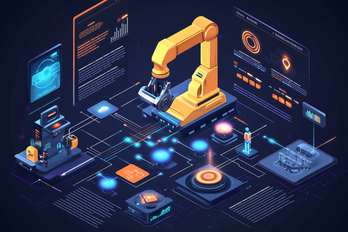 An infographic summarizing automation tools detailing their functions, types, and benefits. Illustrated sections discuss automation testing tools like Selenium and Appium, RPA tools, and CI/CD integration, with icons representing speed, efficiency, and support.
