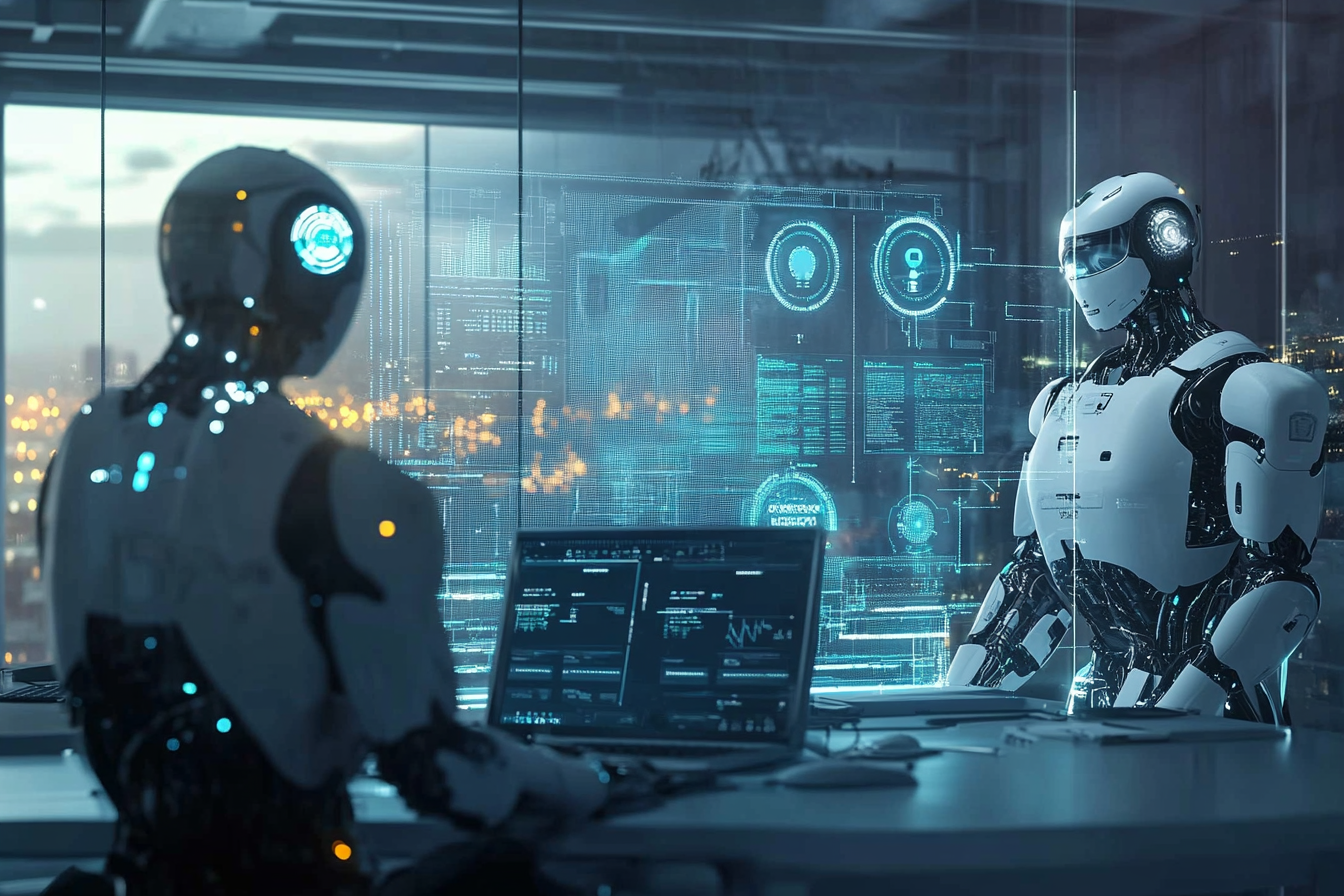 A futuristic scene depicts automated technology in action. In the foreground, robots work alongside humans in a modern office. Infographics highlight the automation market's growth to $459.51 billion by 2032, emphasizing AI and IoT integration. Behind, a visual representation showcases rising GDP percentages and skill development challenges in the evolving workforce.