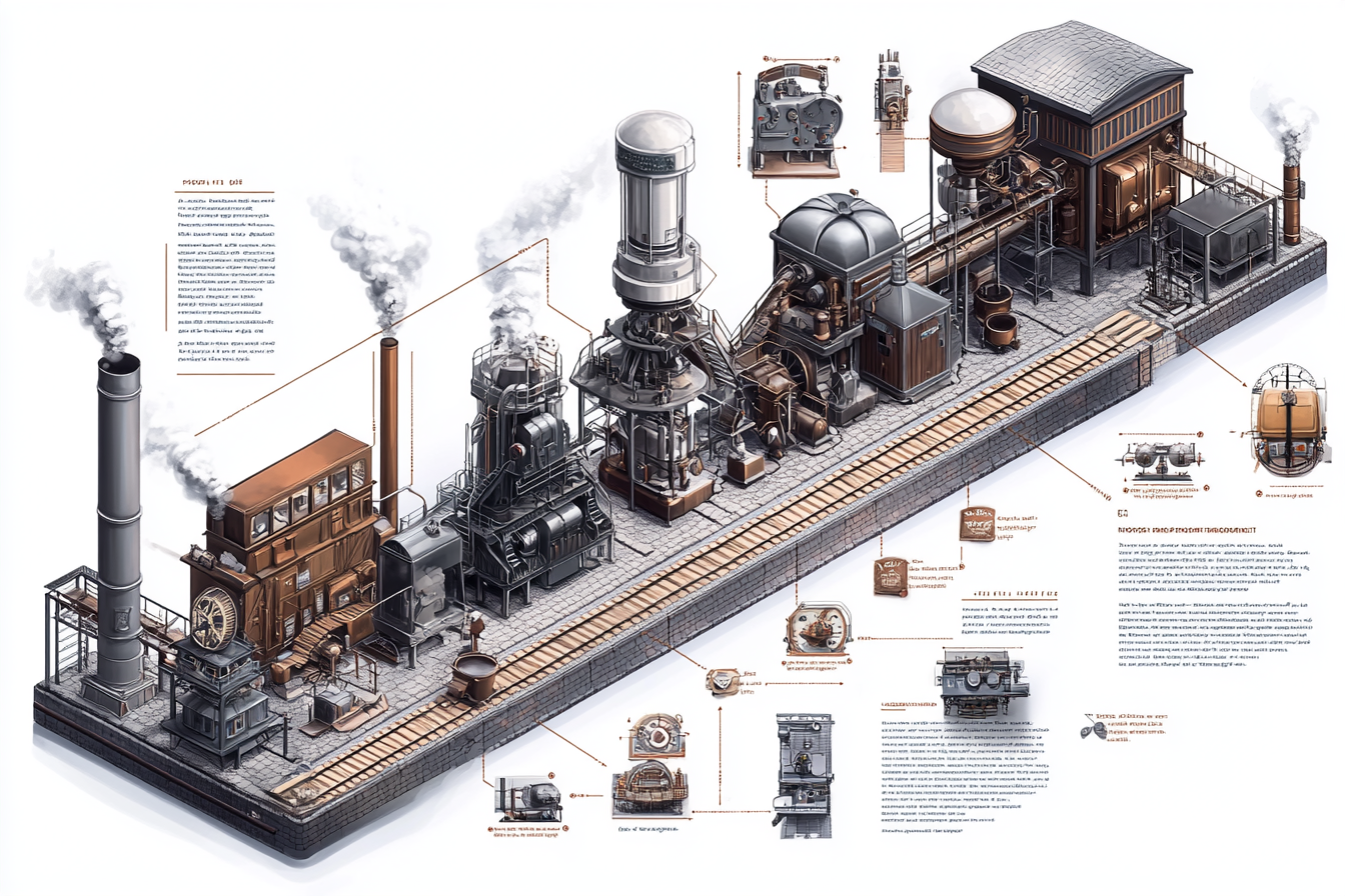An illustrated timeline highlights the historical development of automation. Key milestones include ancient innovations like Ctesibius's Water Clock, advancements during the Industrial Revolution with automated looms and steam engines, and 20th-century breakthroughs featuring PLCs and digital control systems. Each era is marked with relevant imagery and succinct descriptions.