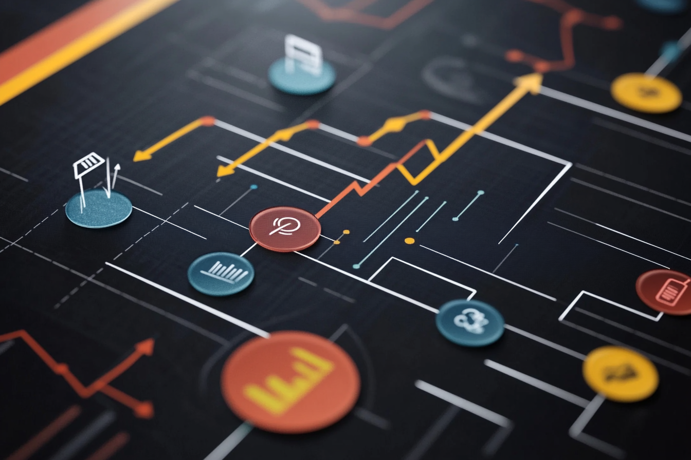 An infographic depicts measuring success and ROI in marketing automation. It features charts showcasing key performance indicators like lead conversion rates and engagement levels, alongside dollar signs representing ROI calculations. Arrows indicate continuous improvement and data analysis processes, emphasizing the importance of tracking metrics for business growth.
