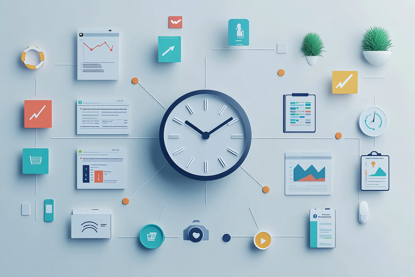 An infographic showcases social media automation benefits. It features icons for scheduling posts, performance analysis, and audience engagement. Key phrases highlight efficiency gains, reduced manual effort, and enhanced brand interaction. A clock symbolizes time-saving, while a checklist suggests reduced human error. The design emphasizes the transformative power of automation for marketers.