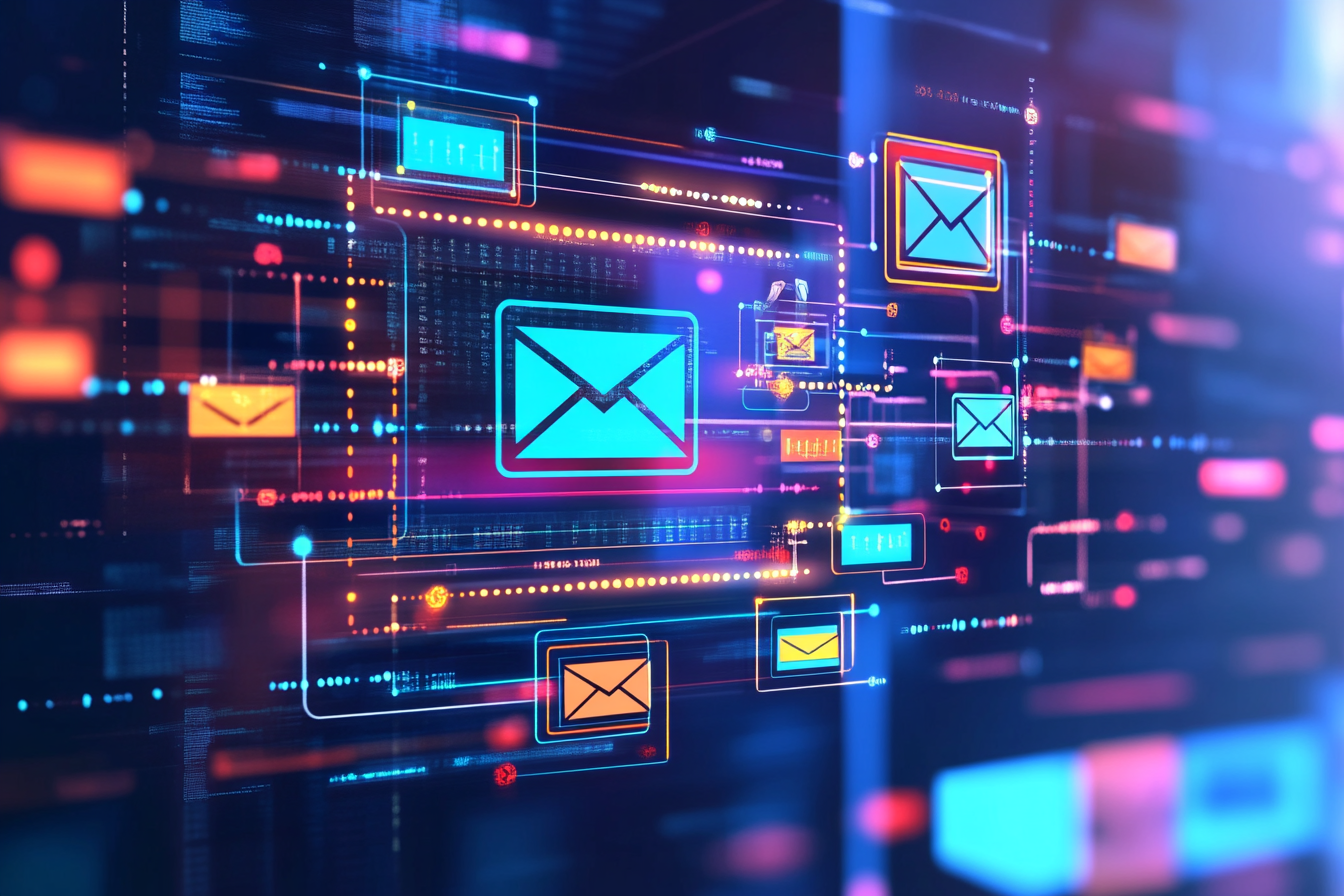 An infographic depicts the future of email automation, featuring a computer screen showing personalized email content. Arrows illustrate the flow of automated strategies, while icons represent customer segmentation and engagement. Highlights emphasize the importance of relationship-building and loyalty in email marketing.