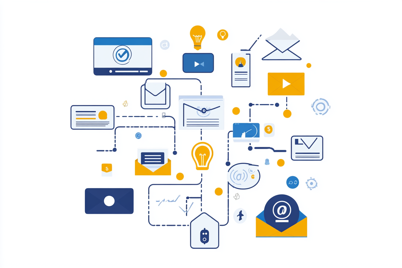 An infographic depicts strategies for customer relationship building. It features a flowchart showing automated email marketing with icons for personalized communication, drip campaigns, and brand loyalty. Highlighted benefits include strong customer connections and retention, with illustrations symbolizing engagement and nurturing relationships.