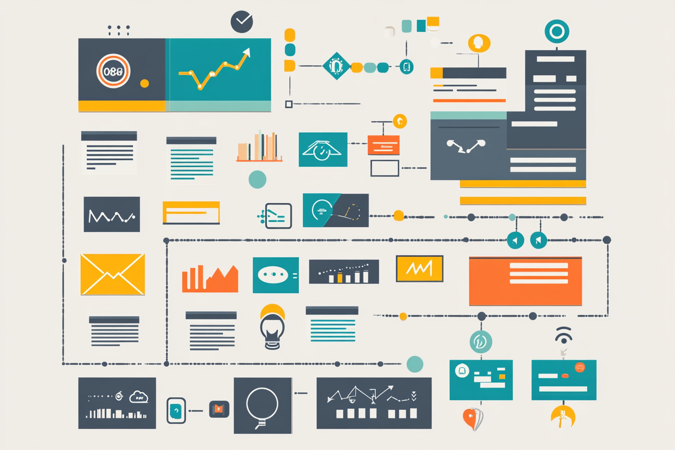 An infographic showcases key features of marketing automation platforms, highlighting aspects like multi-channel messaging, A/B testing, and analytics. Colorful icons represent email, SMS, and social media channels, while flowchart elements illustrate drag-and-drop campaign creation. A side panel lists well-known tools like HubSpot and Mailmodo, emphasizing their unique offerings.