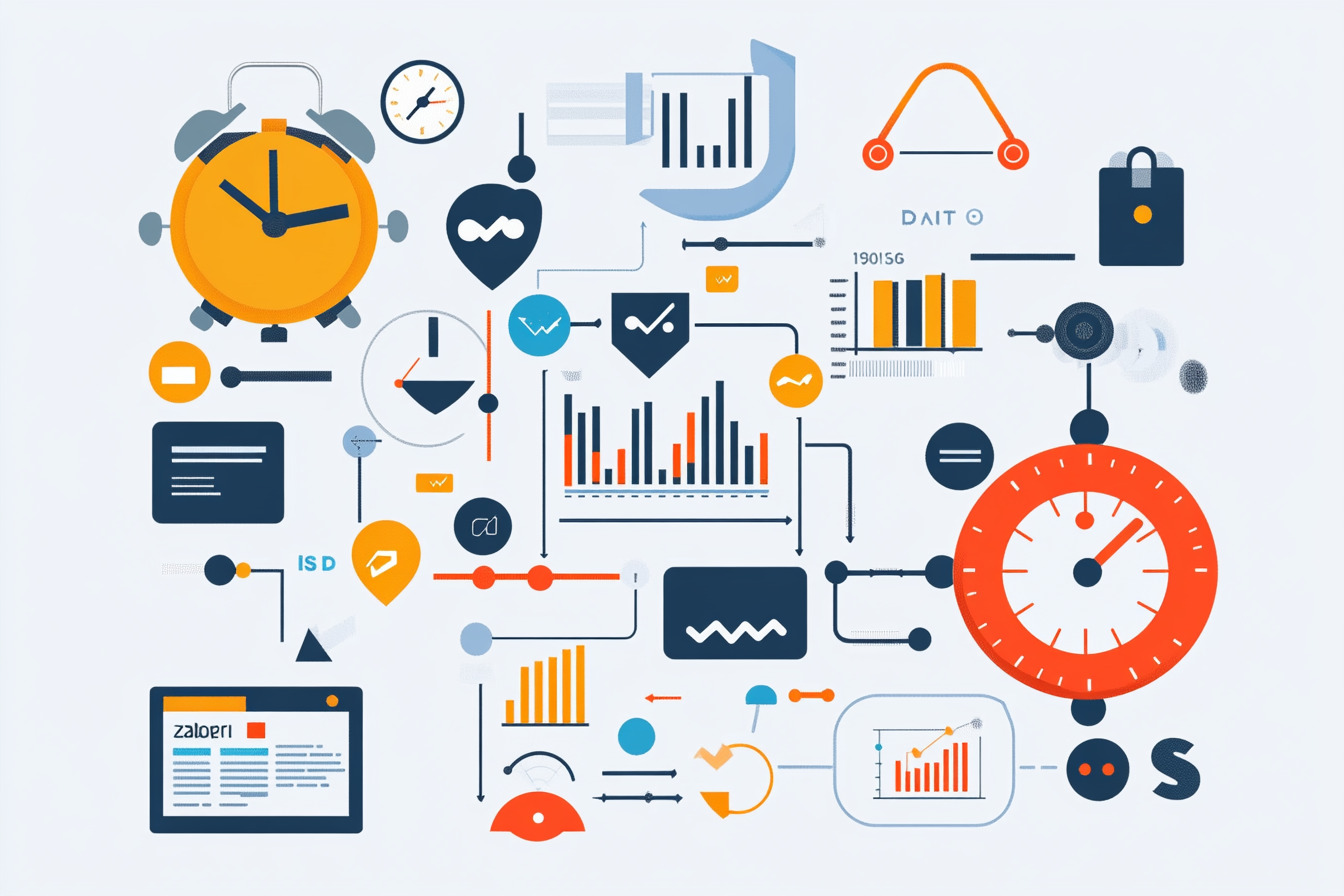 An infographic shows the integration of automation in marketing strategies. The central flowchart outlines steps like lead generation, automation tools (e.g., Zapier), and performance measurement. Visuals include clocks for timely messaging, graphs for KPIs, and icons representing customer journeys and digital tools, emphasizing efficiency and engagement.