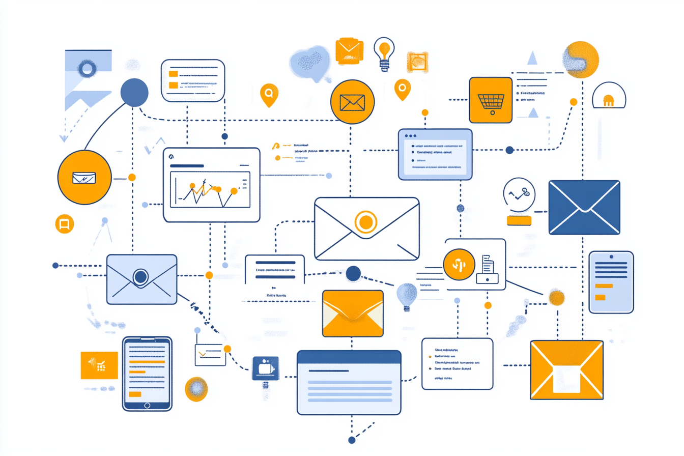 An infographic displays key functions of email automation for marketing. It includes sections for various automated email types like welcome emails, product recommendations, and abandoned cart reminders, each illustrated with relevant icons. A flowchart highlights trigger events that initiate these emails, emphasizing customer engagement and relationship building.