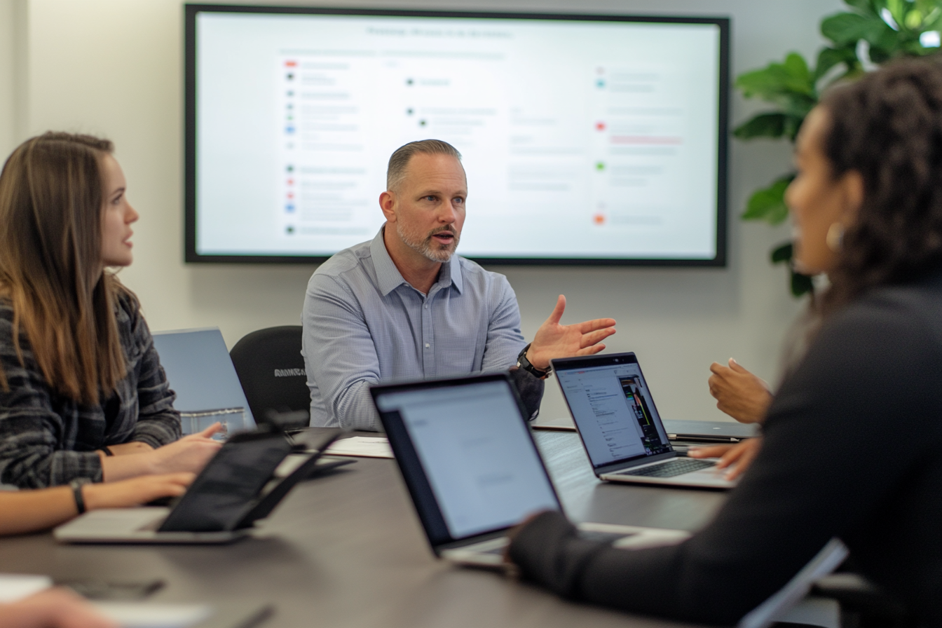 An image shows a sales team discussion around a conference table, with automated tools displayed on laptops. One team member gestures, emphasizing the importance of personal engagement amid technology. A whiteboard in the background outlines risks of over-automation and best practices, highlighting a balance between efficiency and human touch.