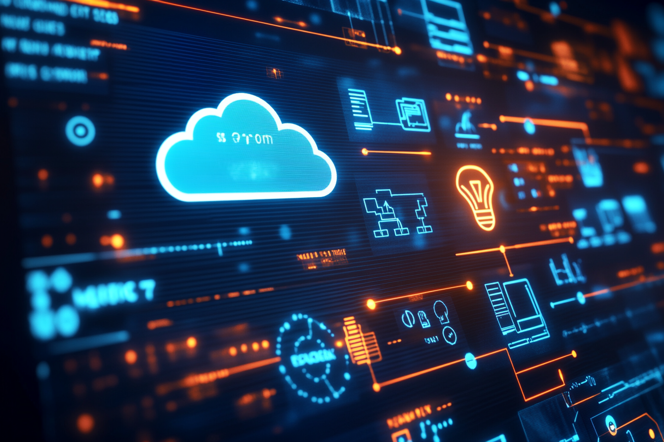 An infographic showcases the future of Excel automation, featuring trends like cloud integration and AI advancements. Visual elements include charts and graphs illustrating predictive analytics and automation tools. Icons of clouds, gears, and lightbulbs signify innovation and ease of use, highlighting a transition to a more automated and efficient Excel experience.