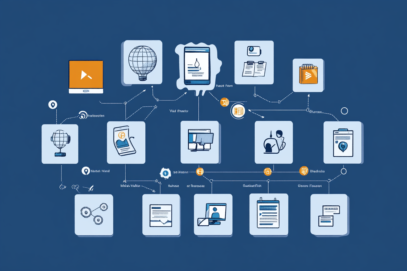 An infographic displays key considerations for selecting marketing automation tools. It features sections on ease of use, integrations, pricing, analytics, and limitations, each with icons for visual representation. A checklist format guides viewers through the evaluation process, including recommendations like testing tools and focusing on specific needs for effective marketing strategies.