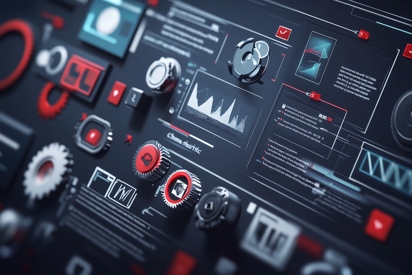 An infographic depicts YouTube automation, featuring tools like TubeBuddy and VidIQ. Sections outline benefits like efficiency, better engagement, and algorithm adaptation, along with risks of losing personal touch. Visual elements include gears and a graph showing performance improvement.