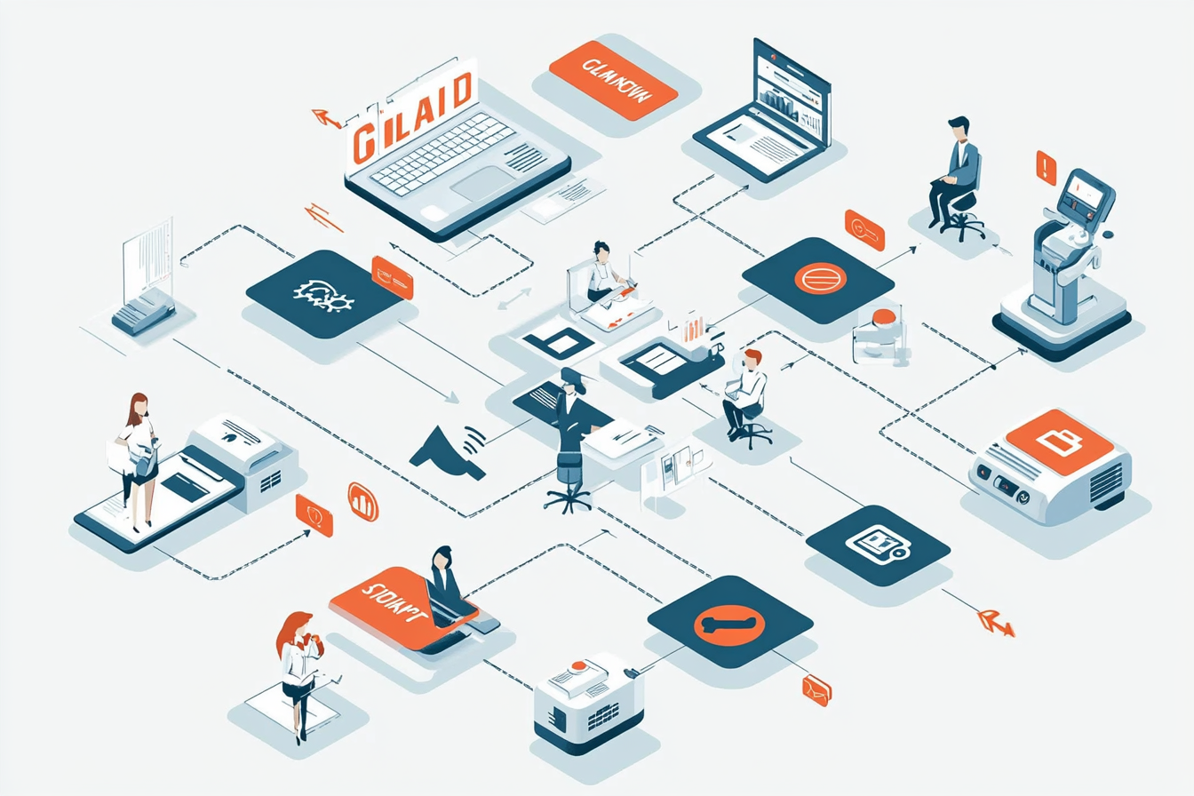 An infographic depicts the concept of sales automation, showcasing a flowchart of a streamlined sales process. Icons represent key components like CRM systems, AI tools, and automated tasks. Arrows indicate efficiency and productivity improvements, while illustrations of happy sales professionals highlight the focus on dealing with customers and closing sales.