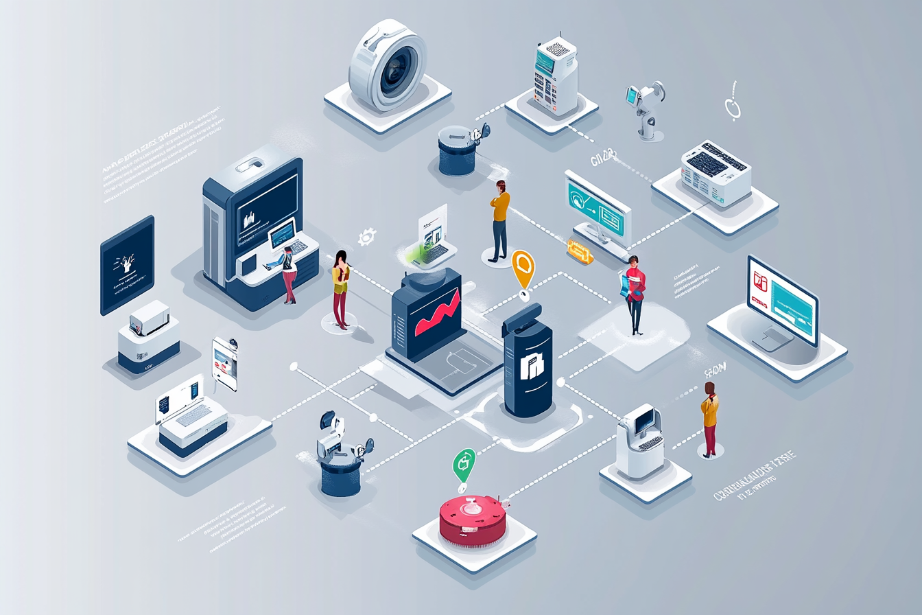 An infographic illustrating the steps to implement customer service automation. It features a flowchart with sections for identifying opportunities, selecting tools, implementing self-service options, utilizing chatbots, and automating ticketing systems. Icons representing efficiency, customer satisfaction, and technology enhance each step, showcasing a structured approach to automation.