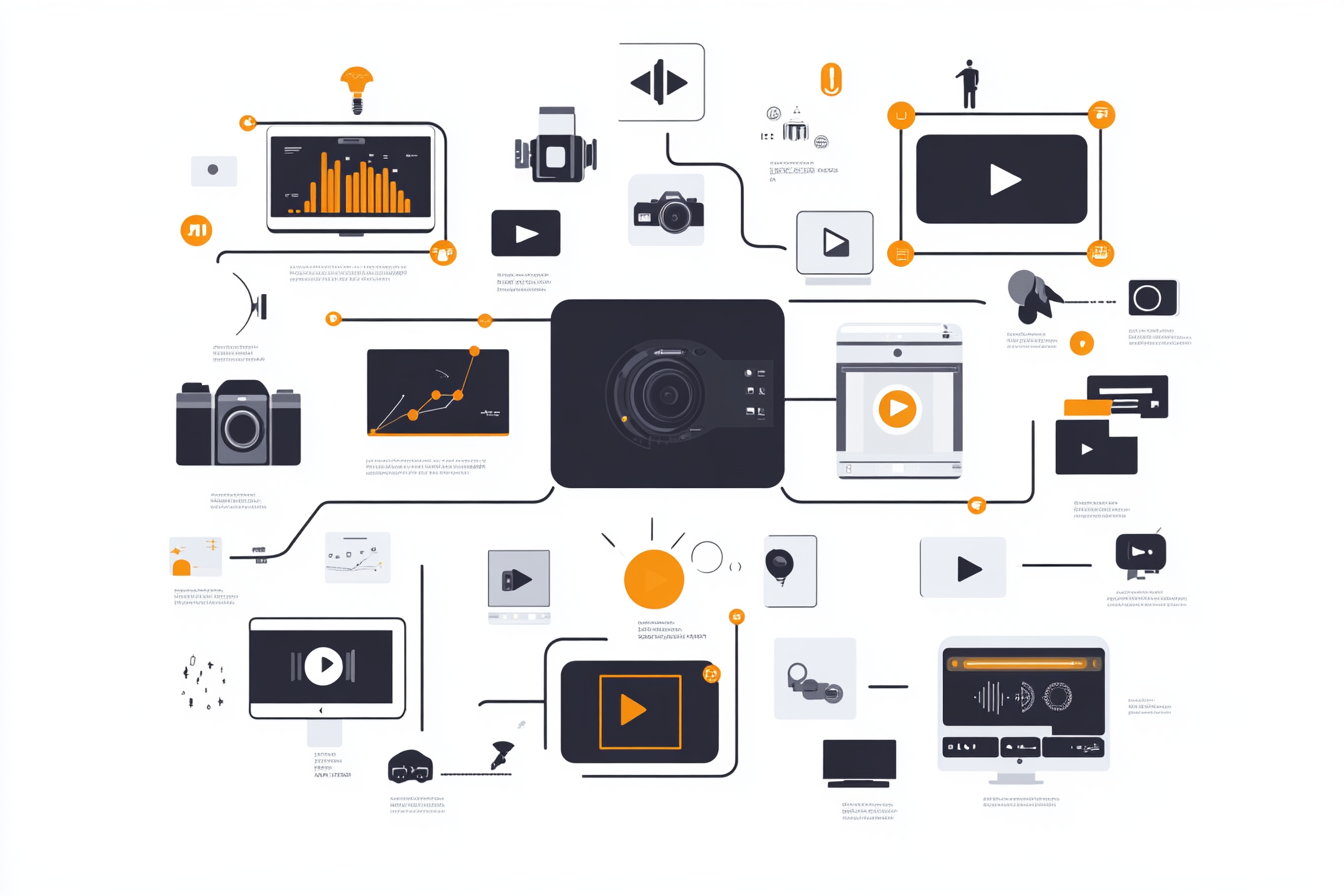 An infographic displays tools and technologies for YouTube automation. Sections highlight content creation software like Adobe Premiere Pro and Canva, scheduling tools like Hootsuite, and analytics tools like TubeBuddy. Each section is visually enhanced with icons representing video editing, scheduling, and data analysis, demonstrating how these tools streamline the video management process.