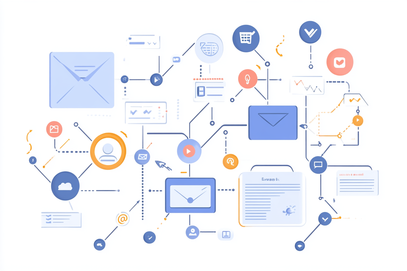 An infographic displays the concept of marketing automation. It highlights benefits such as time-saving and efficiency, with icons representing email marketing, social media, and data analysis. Key features like audience segmentation, lead nurturing, and campaign management are visualized through flowcharts and arrows, illustrating a streamlined marketing process that enhances customer engagement.