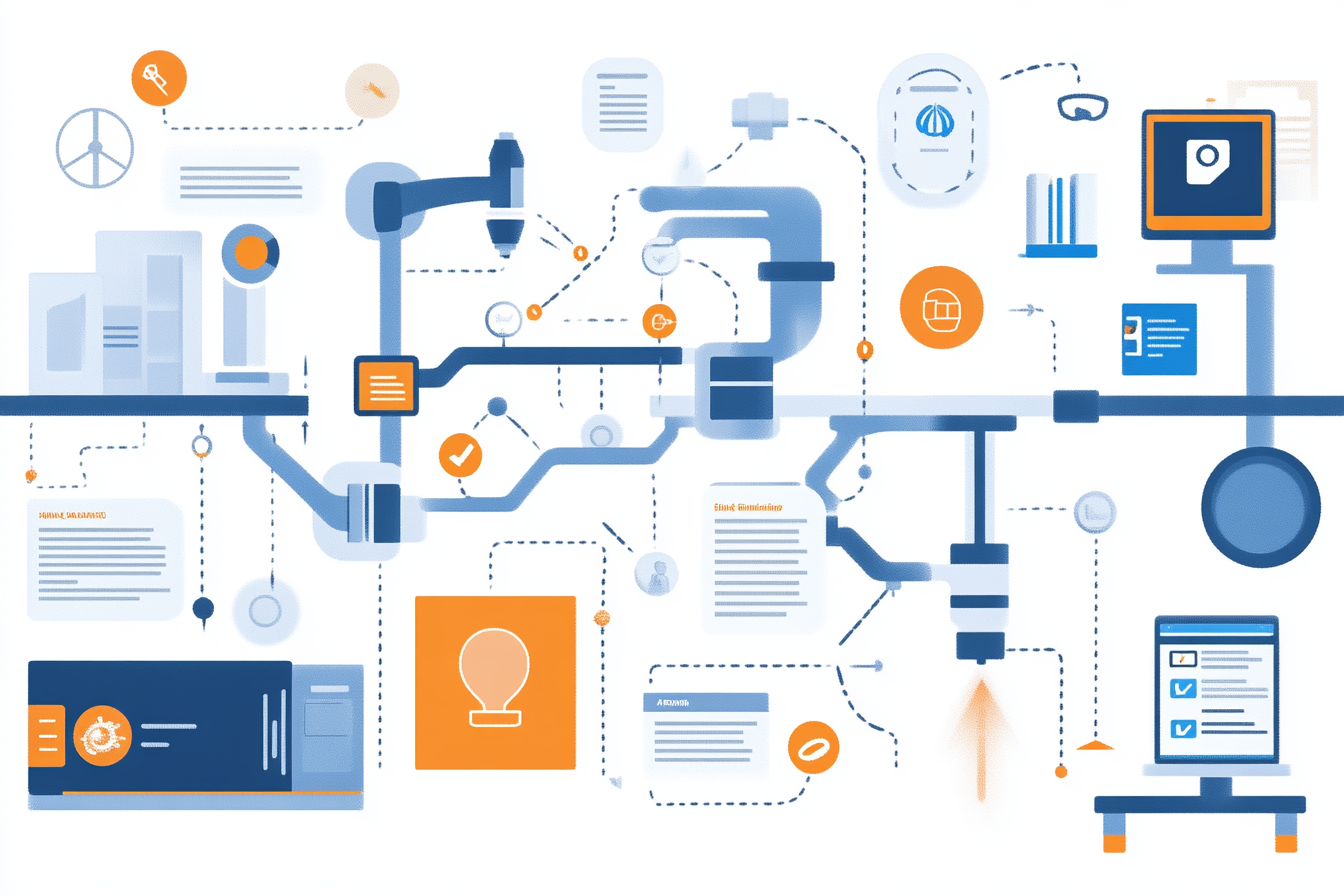 An infographic showcases workflow automation concepts. It features a flowchart diagram illustrating automated tasks, with icons for tools like Zapier and Jotform Approvals. Key benefits like increased productivity, reduced errors, and enhanced employee satisfaction are highlighted with bullet points. The background includes industry icons representing healthcare, finance, manufacturing, and retail.
