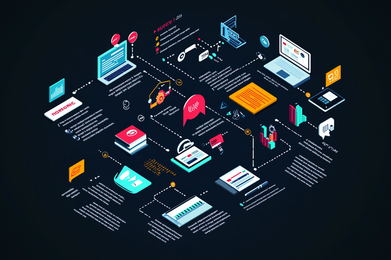 An infographic displaying key aspects of digital marketing automation. It features a flowchart showing automated tasks and tools like HubSpot and Mailchimp, with icons representing customer engagement and analytics. Key points highlight benefits such as improved efficiency and personalized interactions, alongside a section detailing evaluation criteria for choosing software.