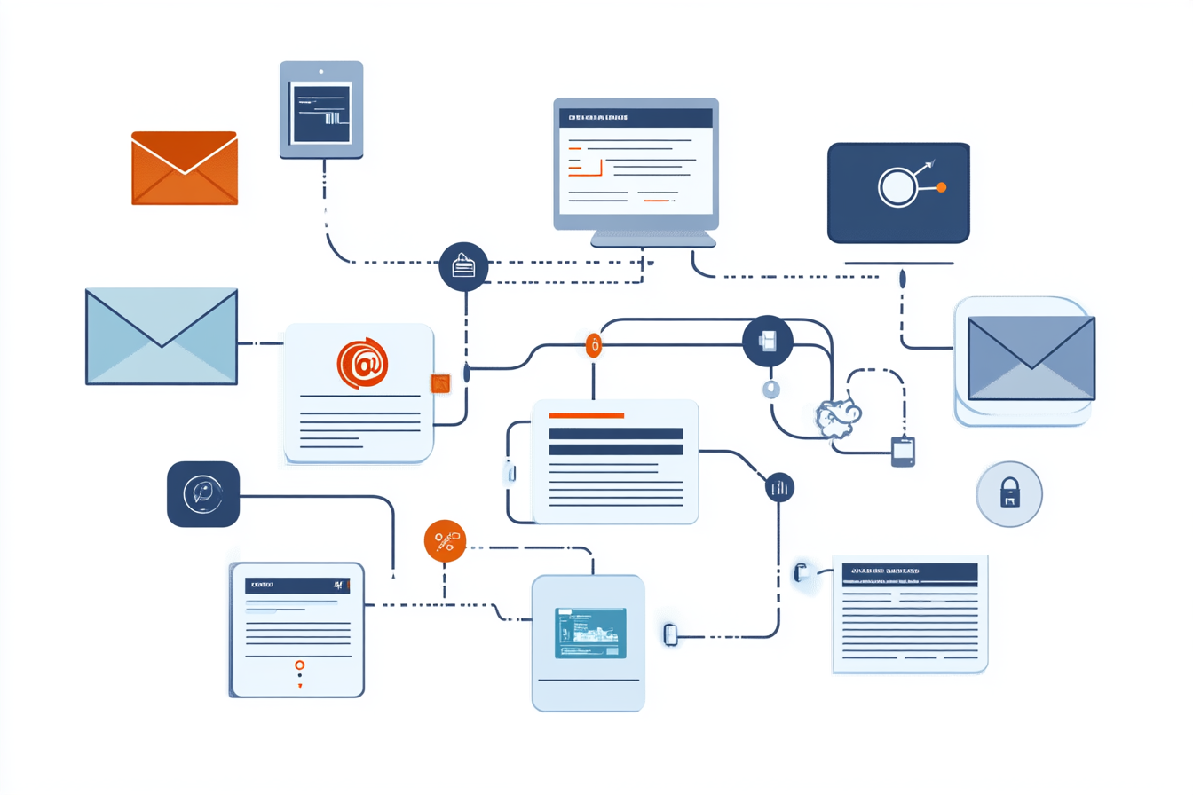 An infographic showcasing the benefits of email automation software. Key features like automated workflows, triggered emails, and user segmentation are highlighted alongside icons of envelopes and graphs. A section emphasizes lead generation improvement and integrating with marketing tools.