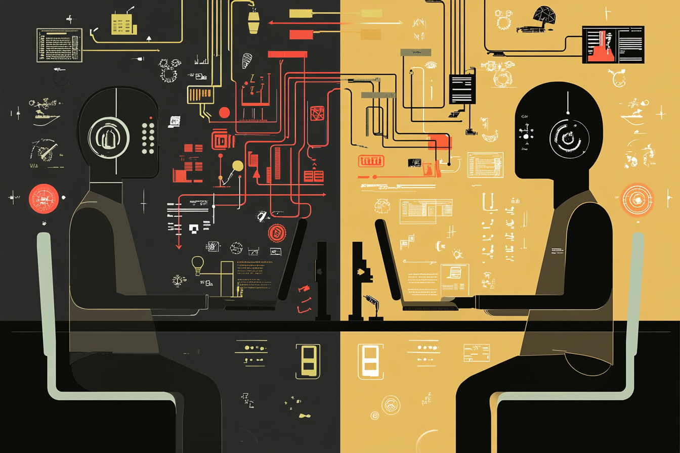 An infographic displays the challenges of B2B marketing automation. On one side, pitfalls like misalignment between sales and marketing are highlighted with icons symbolizing communication breakdowns and robotic interactions. On the other side, solutions such as collaboration workflows and training sessions are visually represented with engaging illustrations of teamwork and personalized communication, emphasizing the importance of balance in automation.