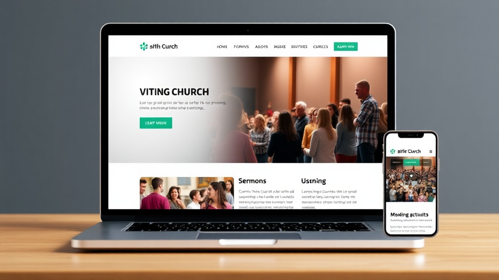 An inviting church website displayed on a laptop screen showcases a clean layout with intuitive navigation. Vibrant images reflect community events, while sections highlight sermons and upcoming activities. Mobile-friendly design is evident, ensuring accessibility for users on smartphones and tablets. Consistent branding elements reinforce the church’s identity throughout the site.