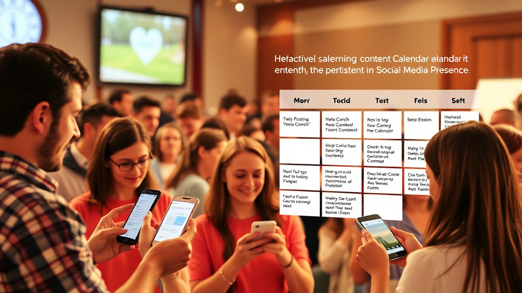 An image depicting a vibrant church community engaging with interactive content. People are shown participating in polls and quizzes on their smartphones, while others discuss hashtags related to church events. A content calendar graphic is displayed in the background, emphasizing consistency in social media presence.