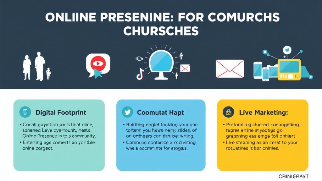 An infographic highlights the importance of online presence for churches, featuring key points like digital footprint, social media engagement, and email marketing. Icons representing social networks, community activities, and live streaming gear accompany bullet points, illustrating effective strategies for building an online community and enhancing outreach.