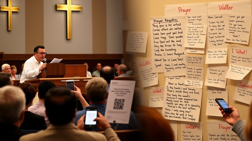 An image shows a church service in progress, with a pastor making an announcement about an online prayer request form. A bulletin with a QR code is visible, encouraging attendees to participate. In the background, congregants are engaged, with some using their smartphones to access the form. A prayer wall featuring written requests and supportive messages is depicted, symbolizing community engagement and support.