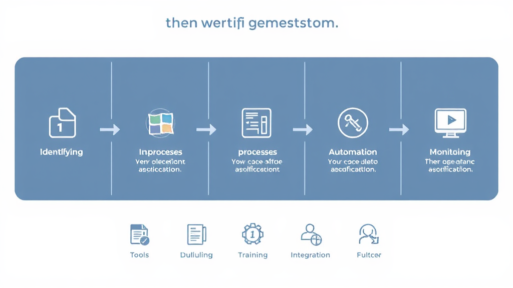 Illustration of a business automation workflow showing steps from identifying processes to monitoring, with icons for tools, training, and integration.