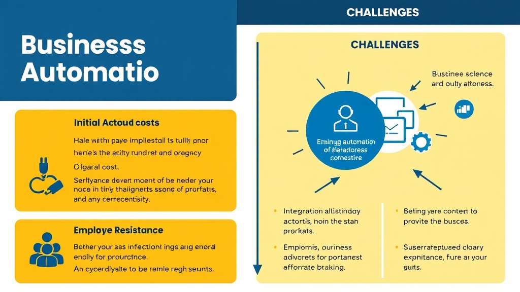 Infographic highlighting business automation benefits and challenges, including initial costs, integration issues, employee resistance, and cybersecurity threats.