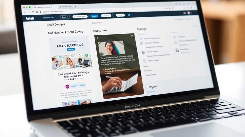 A close-up of a laptop screen displaying an email marketing platform, showcasing personalized email designs and subscriber segmentation options.