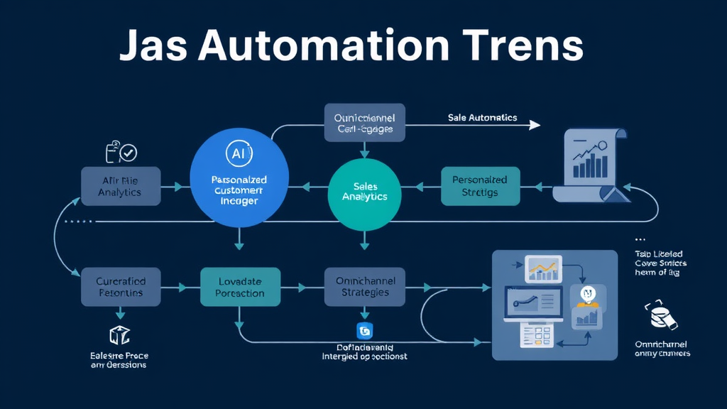 A dynamic workflow diagram illustrating sales automation trends, featuring AI analytics, personalized customer interactions, and omnichannel strategies.