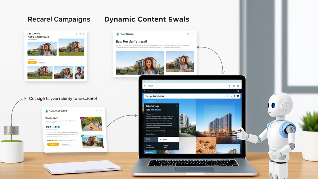 A real estate marketing automation setup showcasing personalized email campaigns, dynamic content displays, and AI chatbots interacting with clients on a website.