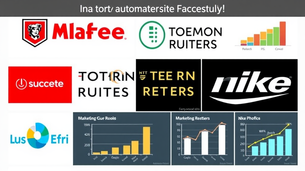 Collage of logos from companies like McAfee, Thomson Reuters, and Nike, showcasing successful marketing automation case studies with charts indicating growth and efficiency.
