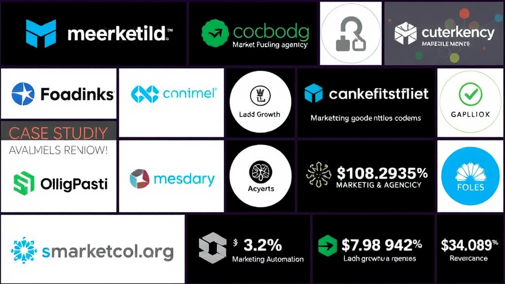 Collage of logos from various marketing automation agencies, showcasing successful case studies with statistics denoting lead growth and revenue increases.