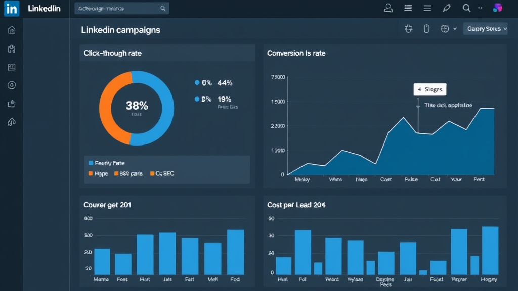 Dashboard displaying LinkedIn campaign metrics, including click-through rate, conversion rate, and cost per lead, with graphs and data visualizations for analysis.