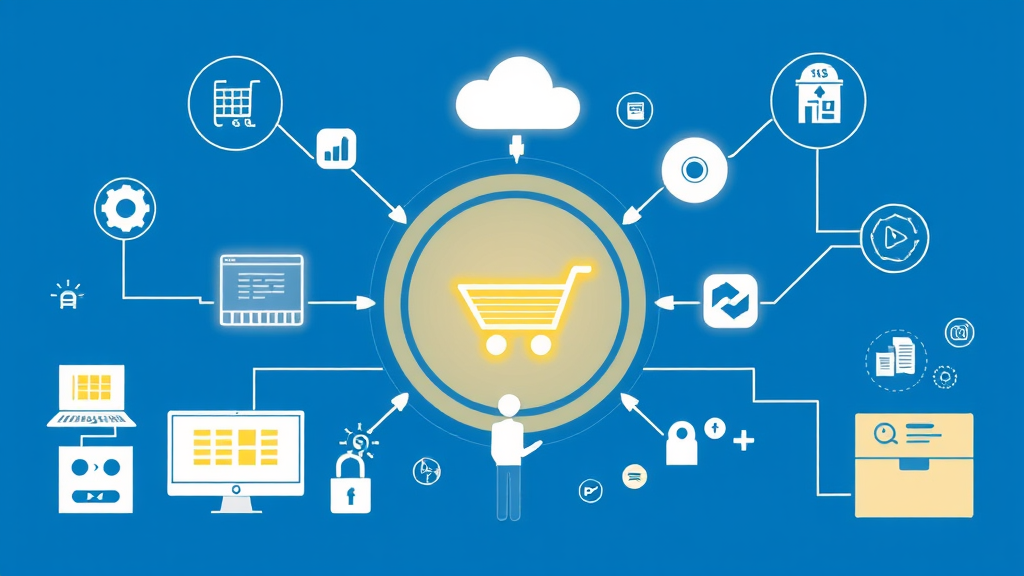 Digital illustration depicting ecommerce automation tools integrating with existing systems, data management, security features, and a balance of human interaction.