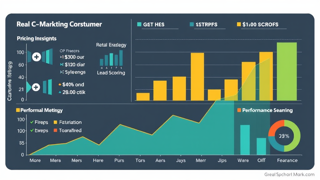 Graph showing data analytics in real estate marketing, depicting customer insights, pricing strategies, lead scoring, and performance metrics.