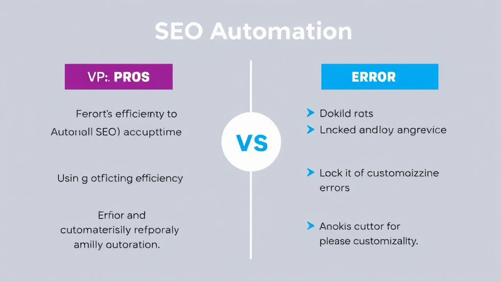 Graphic depicting pros and cons of SEO automation, highlighting efficiency benefits alongside risks like errors and lack of customization.