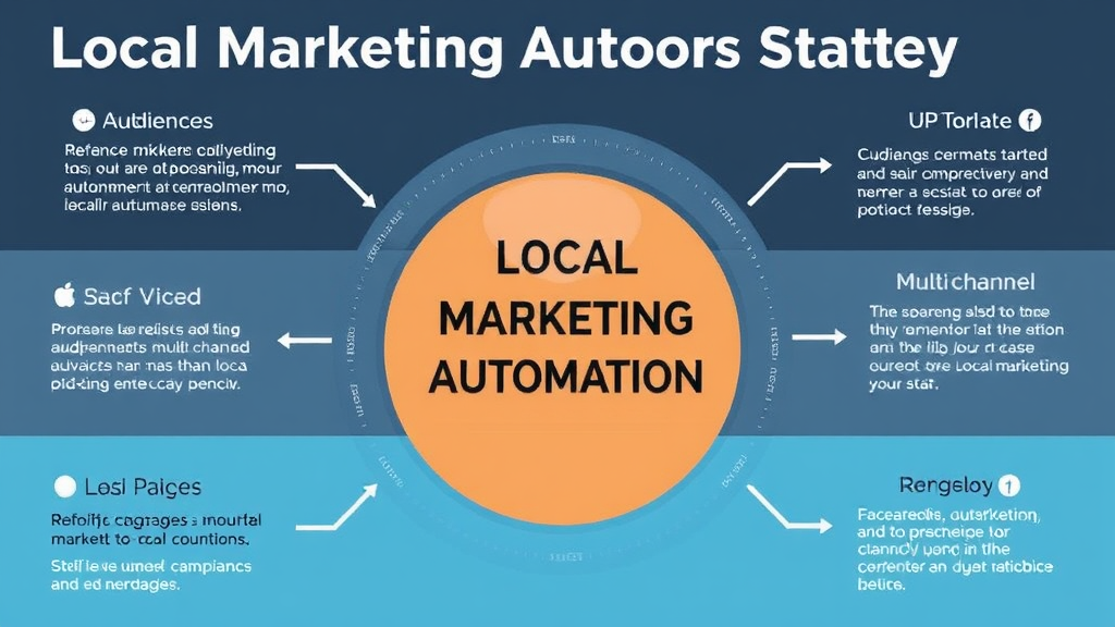 Graphic showcasing a local marketing automation strategy with elements like audience segmentation, personalized messaging, and multi-channel campaigns.