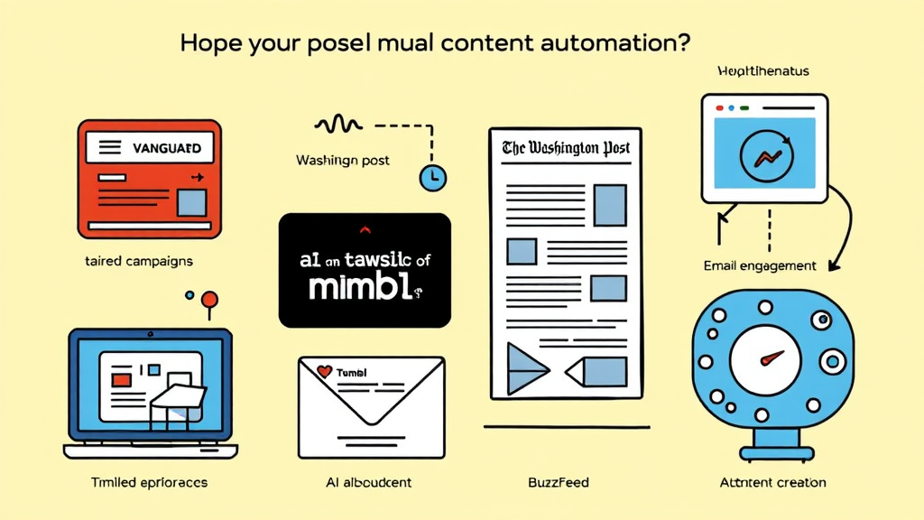 Illustration depicting various companies using content automation: Vanguard's tailored campaigns, The Washington Post's AI news tool, Tumblr's email engagement, and BuzzFeed's AI content creation.