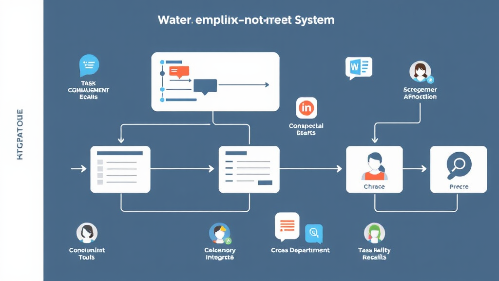 Illustration of a digital workflow automation system showcasing task management, team communication tools, and cross-department integration for project collaboration.