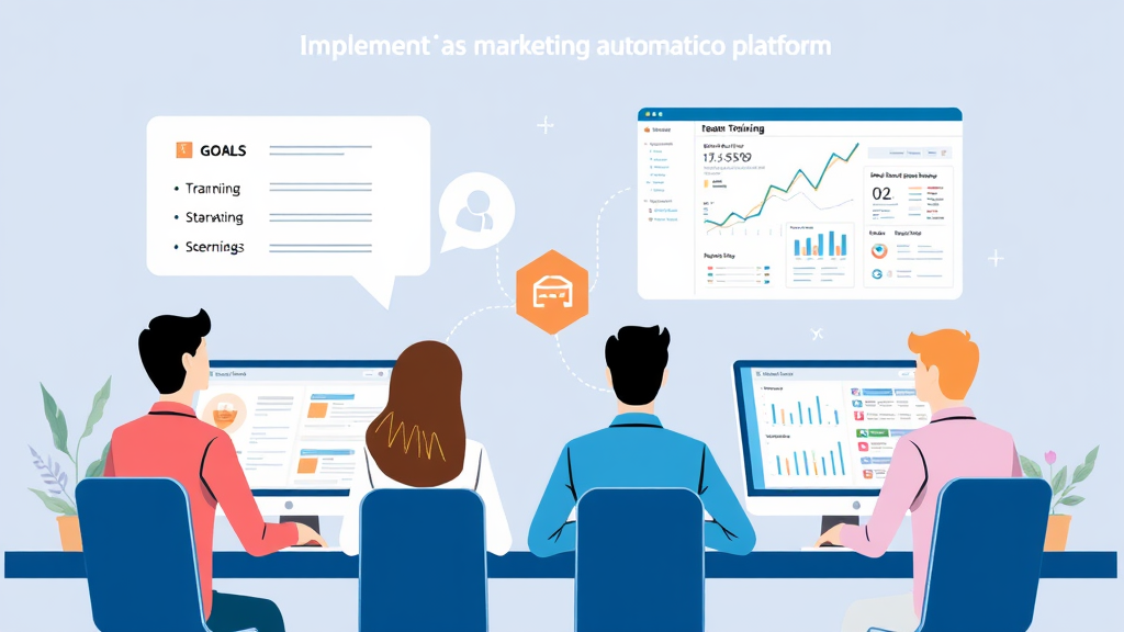 Illustration of a marketing team collaborating on implementing a marketing automation platform, featuring goals, team training, and data analysis on screens.