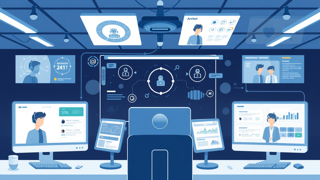 Illustration of a modern call center showcasing AI-driven virtual agents, omnichannel support interfaces, and secure customer interactions with analytics displays.