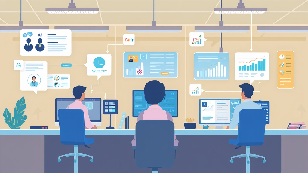 Illustration of a modern call center with automated systems, including AI chatbots and data visualization tools, enhancing agent productivity and customer satisfaction.