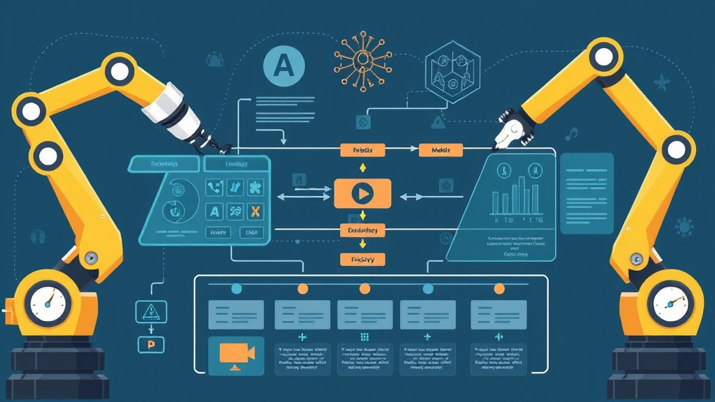 Illustration of a process automation system featuring robotic arms, AI algorithms, and workflow charts, depicting streamlined operations and efficiency benefits.