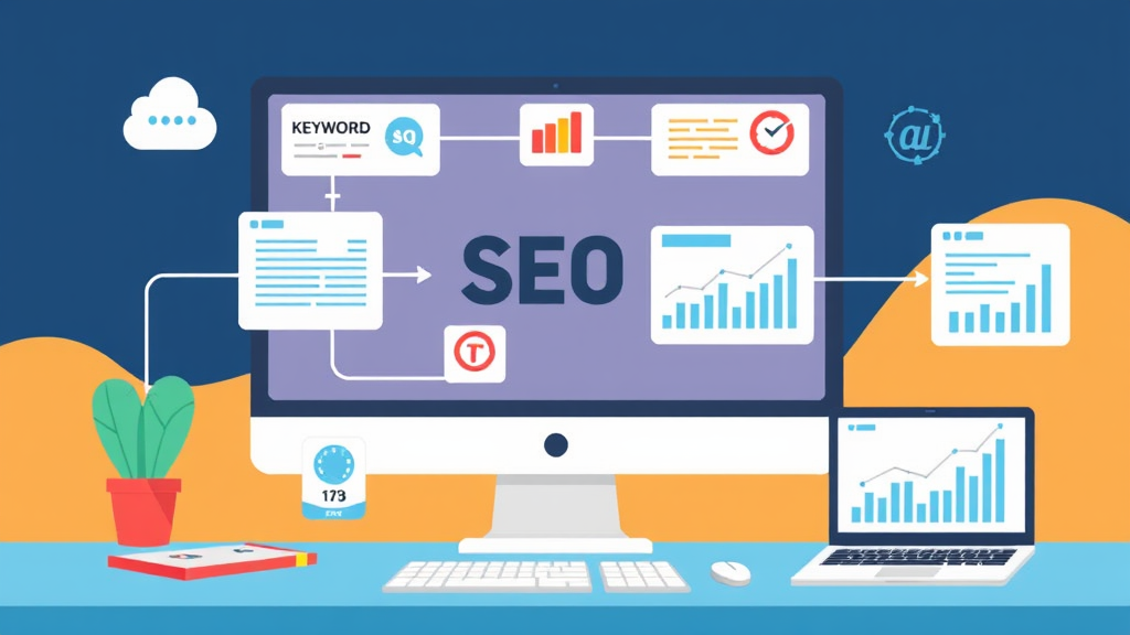 Illustration of an automated SEO workflow with software tools performing keyword research, link building, and performance monitoring on a computer screen.