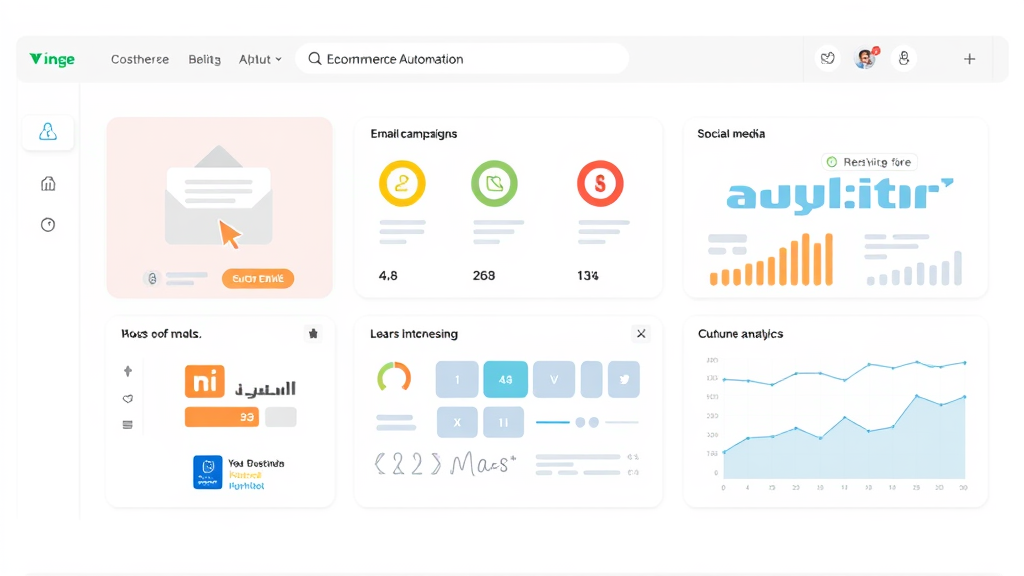 Illustration of an ecommerce marketing automation dashboard displaying automated email campaigns, social media management tools, and customer analytics.
