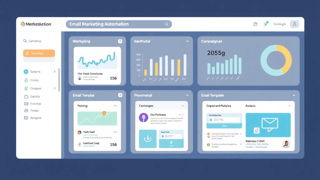 Illustration of an email marketing automation dashboard showcasing automated workflows, analytics metrics, and personalized email templates for campaigns.