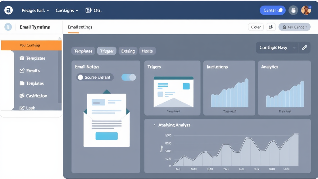 Illustration of an email marketing automation dashboard showing email templates, trigger settings, and analytics graphs for campaign performance analysis.